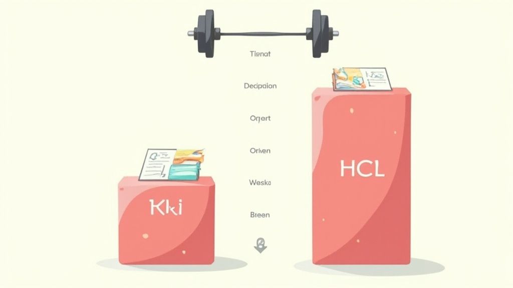Comparison diagram showing creatine HCL and KKi supplements with barbell representing strength training benefits