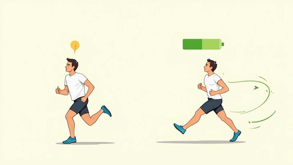 An endurance athlete sprinting powerfully towards the finish line.