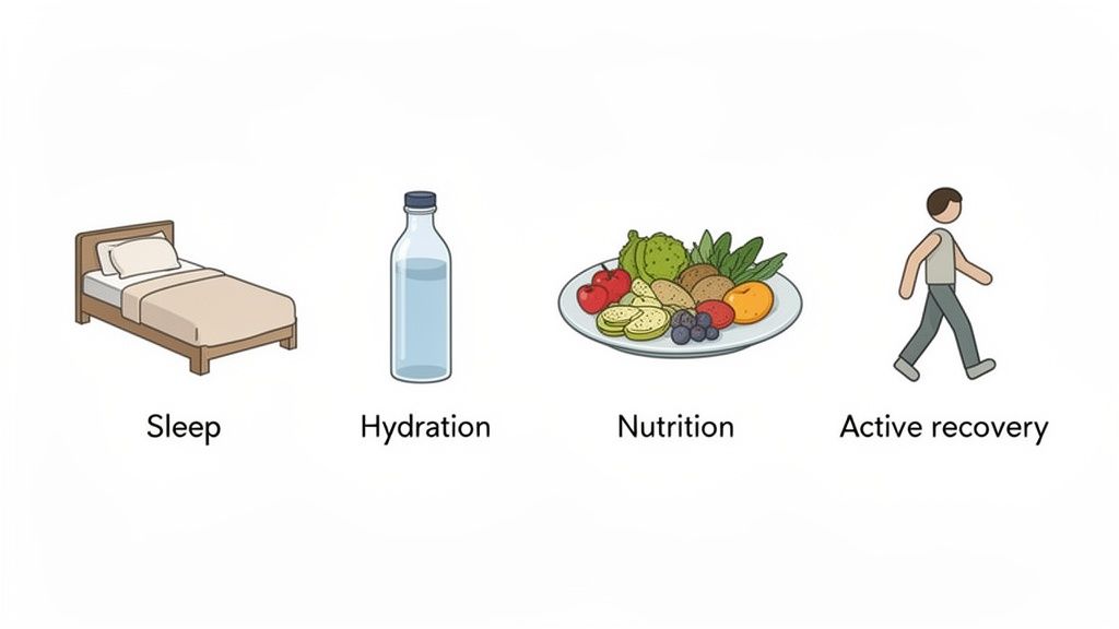 Four icons representing essential recovery elements: sleep, hydration, nutrition, and active recovery.