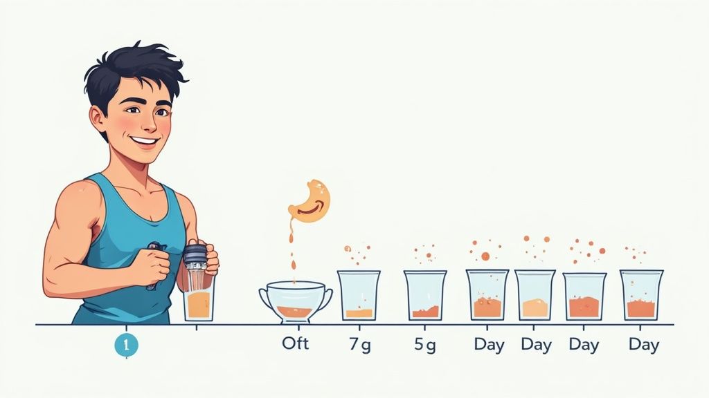 A person holding a scoop of creatine powder over a shaker bottle