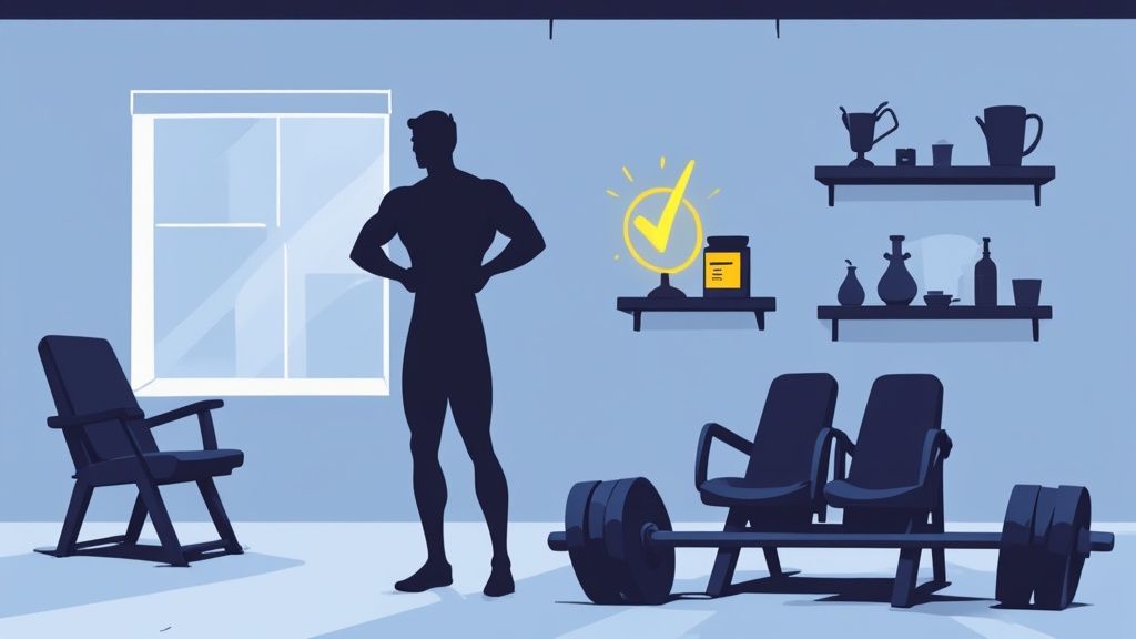 A scoop of white creatine powder next to a black supplement container, with a muscular arm flexing in the background.