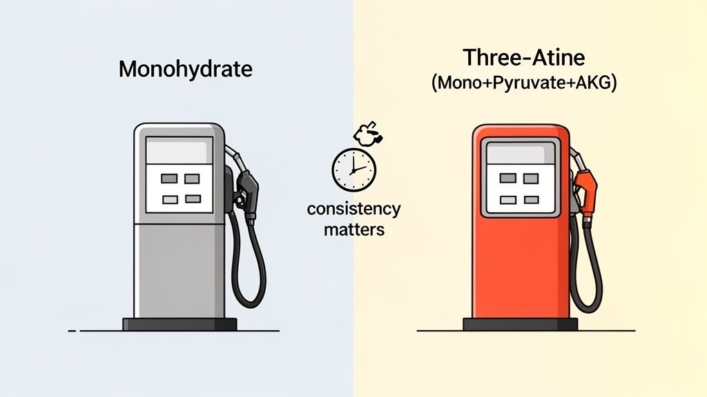 Illustration comparing Monohydrate and Three-Atine creatines using gas pumps, emphasizing consistency's importance.