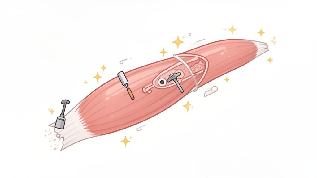 Stylized pink muscle with internal repair tools and sparkles, depicting muscle building.