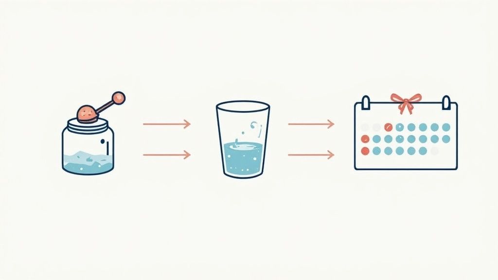 A person mixes creatine powder into a shaker bottle, with fresh fruits and a protein container in the background, signifying a practical, effective routine.