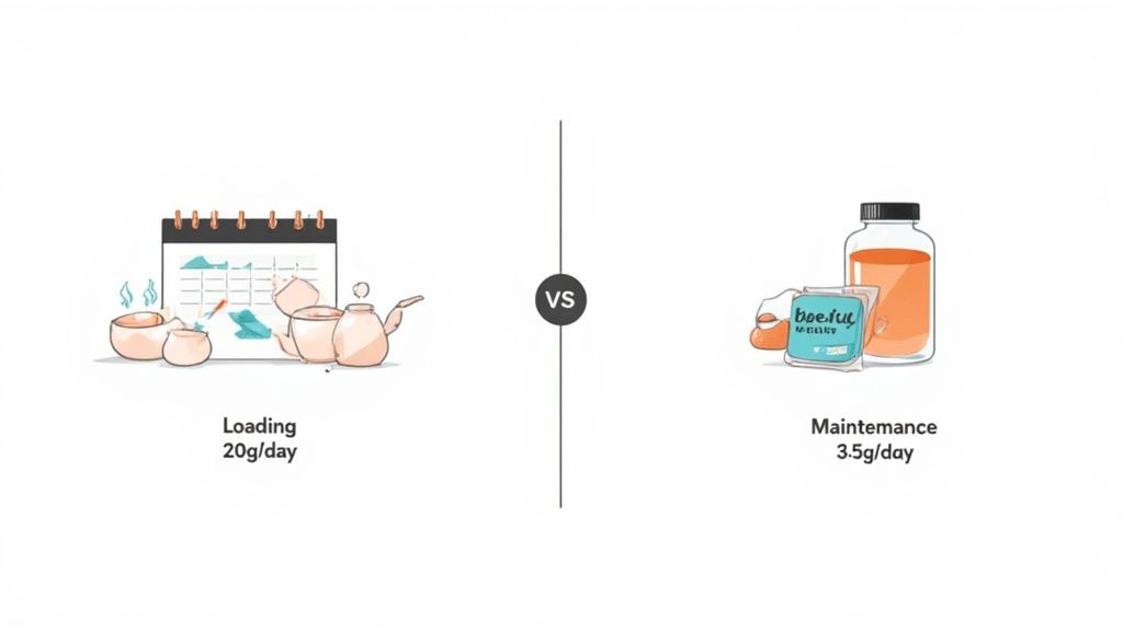 Infographic comparing creatine loading (20g/day) with calendar and tea versus maintenance (3.5g/day) with bottle and pouch.