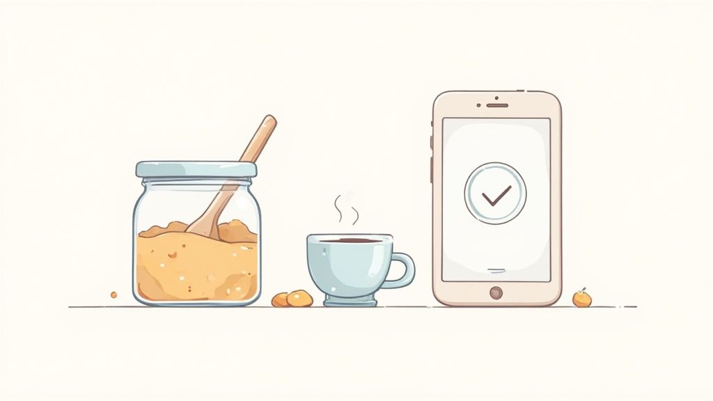 Minimalist illustration of a jar, a steaming mug, and a smartphone displaying a successful checkmark.