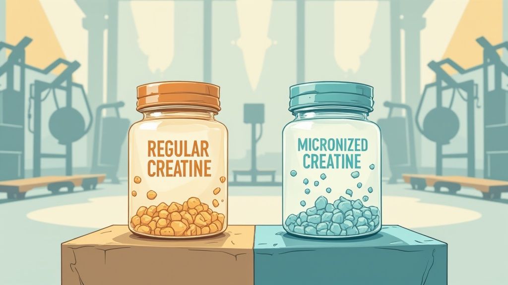 Two jars of creatine, regular and micronized, are displayed in a gym setting.