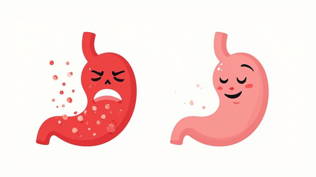 Illustration contrasting an irritated red stomach with a painful face versus a happy pink healthy stomach.