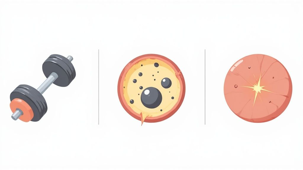 An illustration of a dumbbell, a circular cell-like structure, and a grapefruit slice with a bright center.