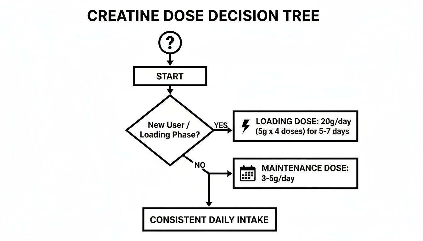 A creatine dosage decision tree flowchart guiding users on loading and maintenance doses for daily intake.