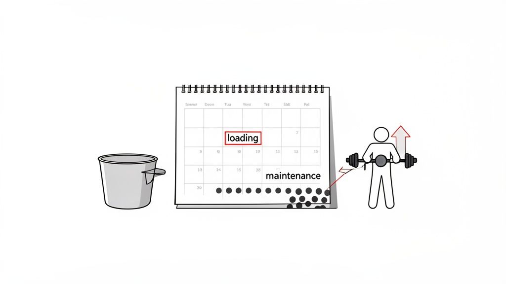 Diagram illustrating a fitness calendar with loading and maintenance phases, a person lifting weights, and a bucket.