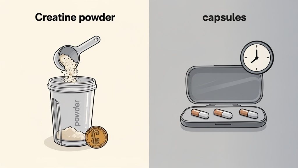 An illustration comparing creatine powder being scooped into a shaker bottle with taking creatine capsules from a pill case.