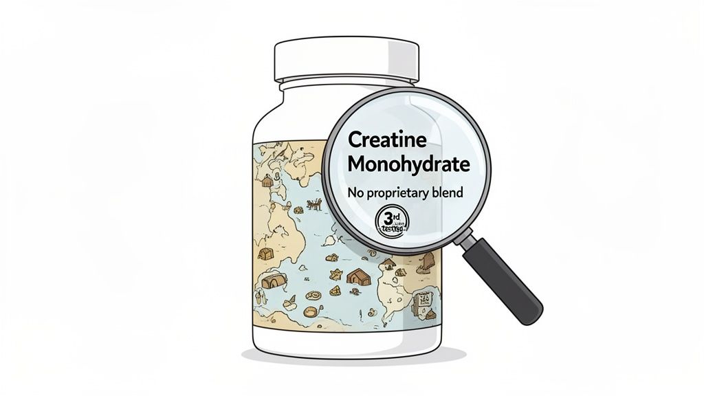 A supplement bottle with a map label, magnified to show 'Creatine Monohydrate' and '3rd party tested'.