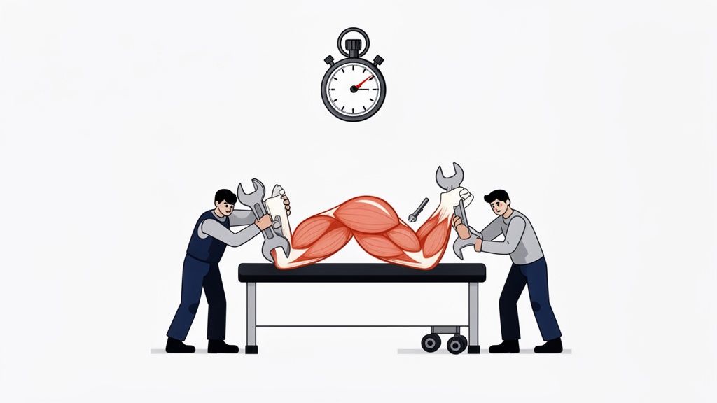 Two mechanics use wrenches to work on human leg muscles on a table, under a stopwatch.