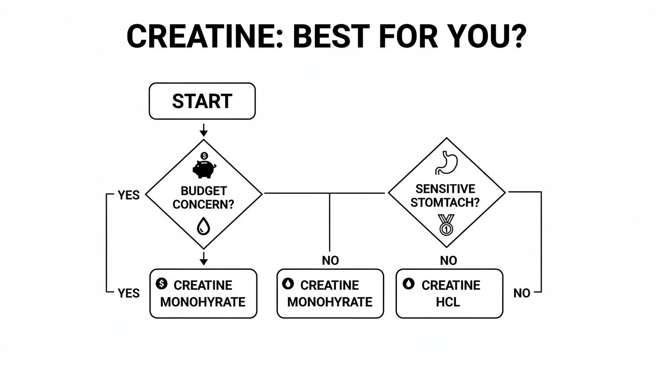 Flowchart guiding creatine choice based on budget and stomach sensitivity, recommending Monohydrate or HCL.