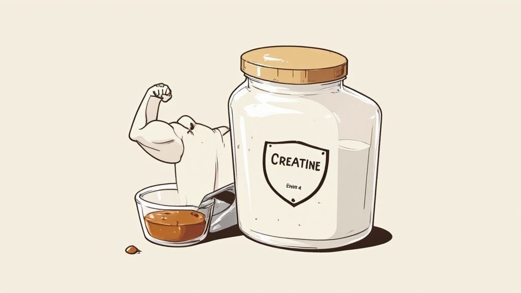 A close-up shot of creatine powder on a scoop, looking clean and powerful.