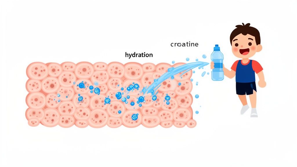A cartoon boy holding a water bottle, illustrating creatine and hydration interacting with body cells.