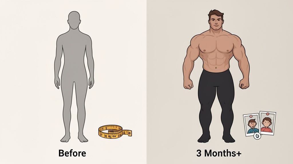 Before and after comparison showing a thin man transforming into a muscular, fit physique over three months.