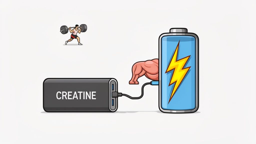 Cartoon depicting a creatine power bank charging a muscle battery for a weightlifter's energy.