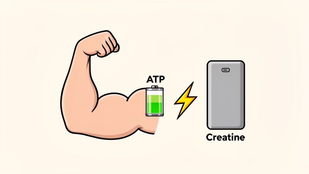 Cartoon showing a flexed arm, ATP battery, and creatine, illustrating creatine's impact on muscle energy.