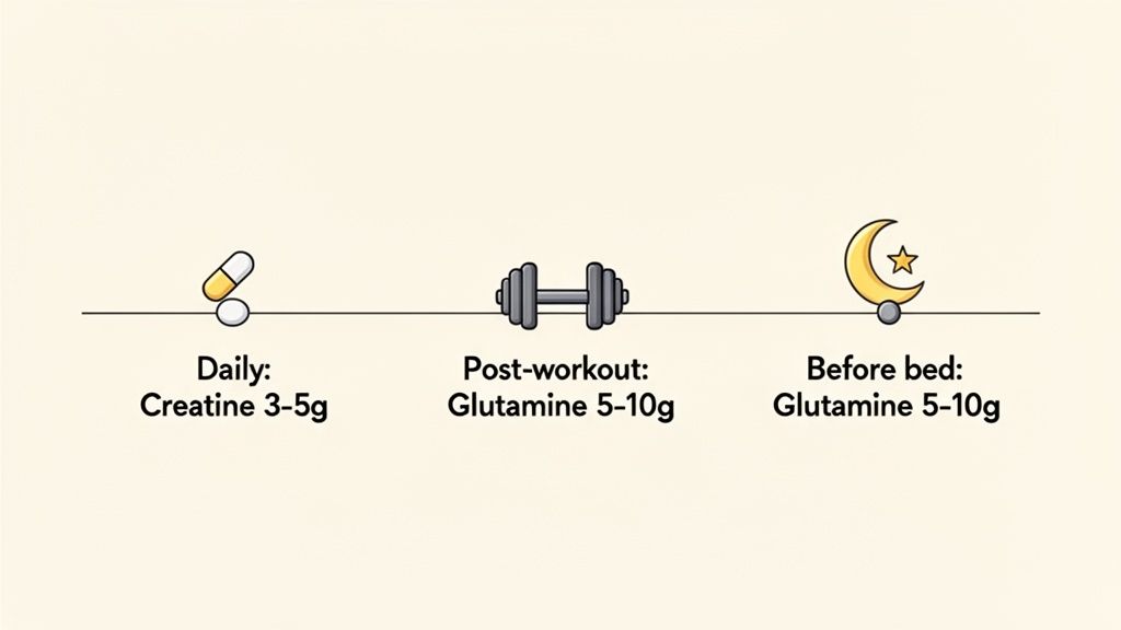 Infographic showing daily creatine and glutamine supplementation timing and dosage schedule.