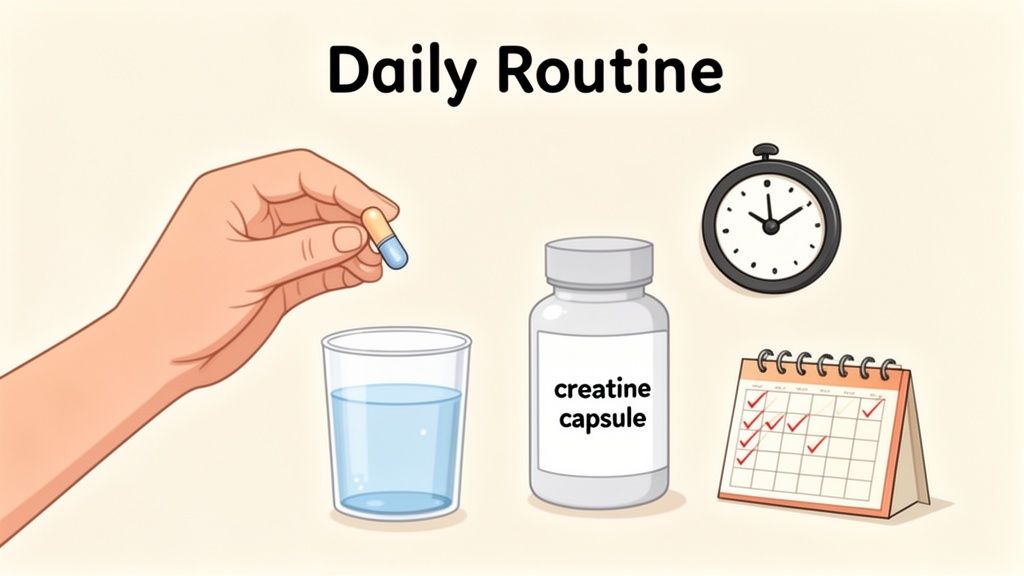 A hand holds a creatine capsule over a glass of water, illustrating a daily supplement routine.