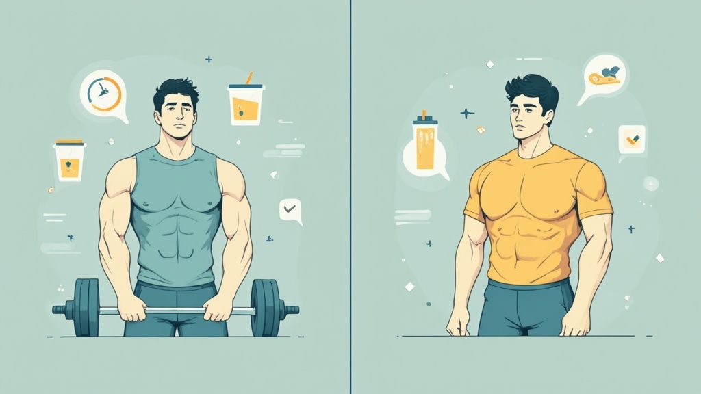 Two muscular cartoon men, one with a barbell, surrounded by fitness and nutrition icons.