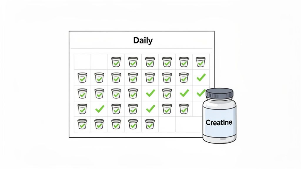 A daily calendar tracking creatine supplement intake with marked cups, next to a creatine bottle.