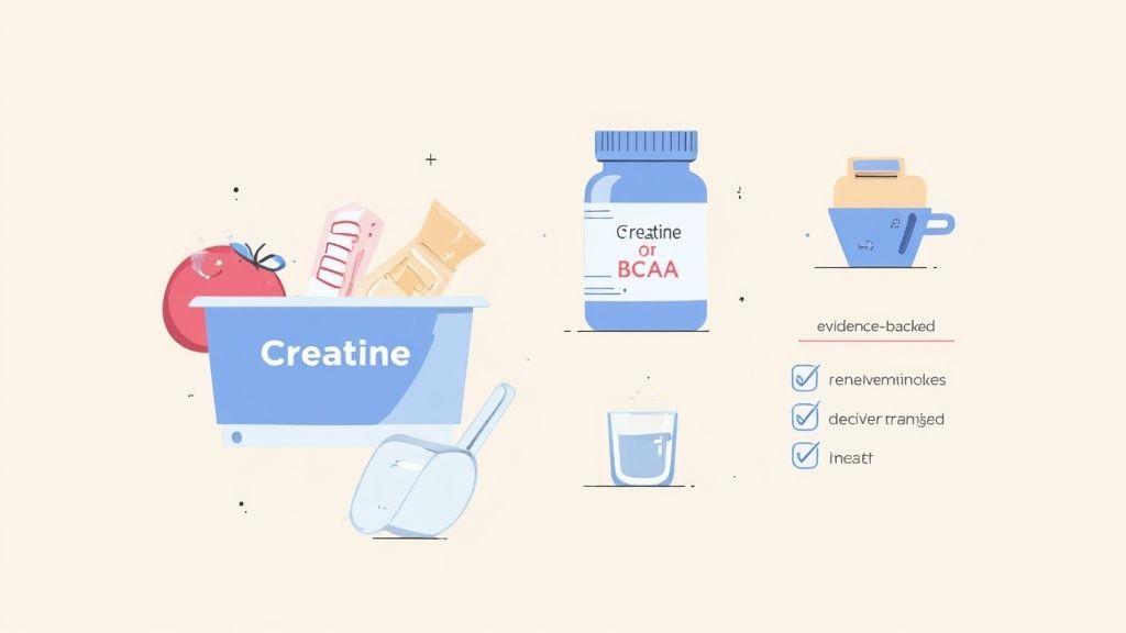 An illustration showing creatine and BCAA supplements in various forms like powder, pills, and drinks, with a label 'evidence-backed'.