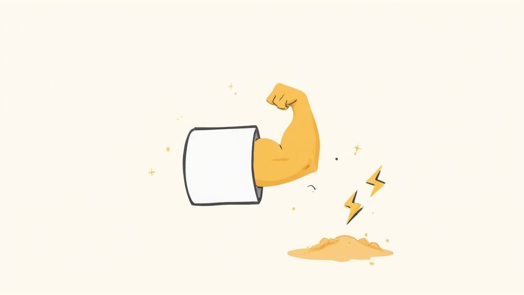 Graphic of a battery icon with a lightning bolt inside a muscular arm.