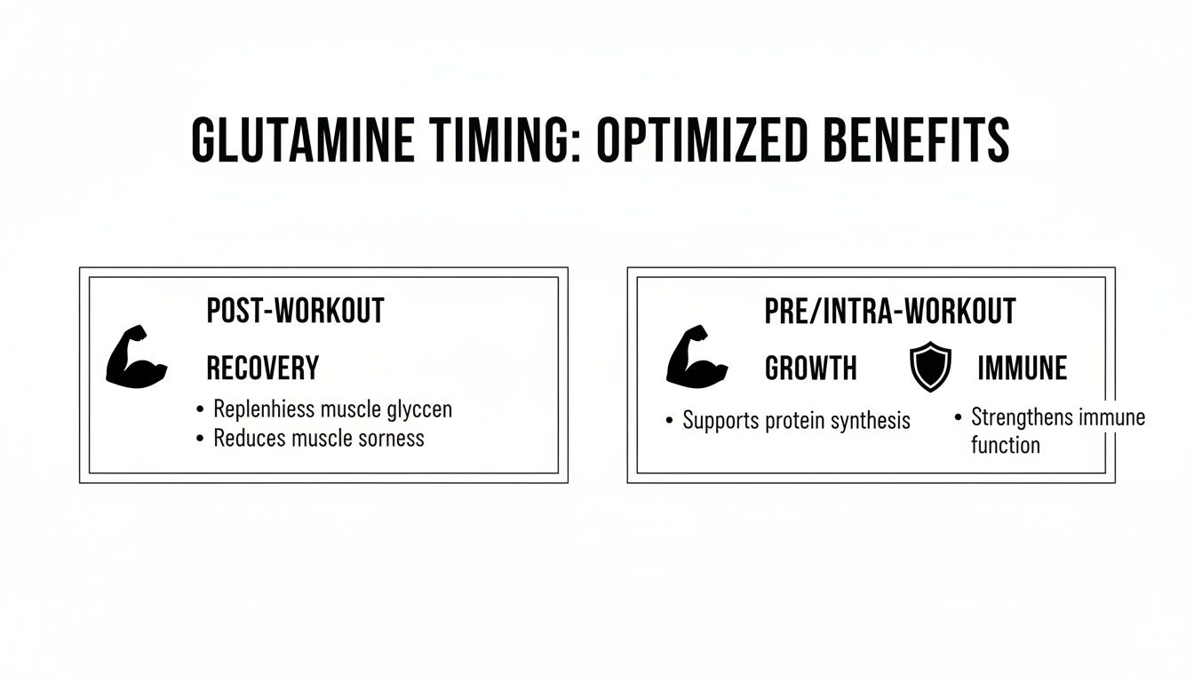 Infographic explaining glutamine timing for optimized benefits: post-workout recovery and pre/intra-workout growth and immune support.