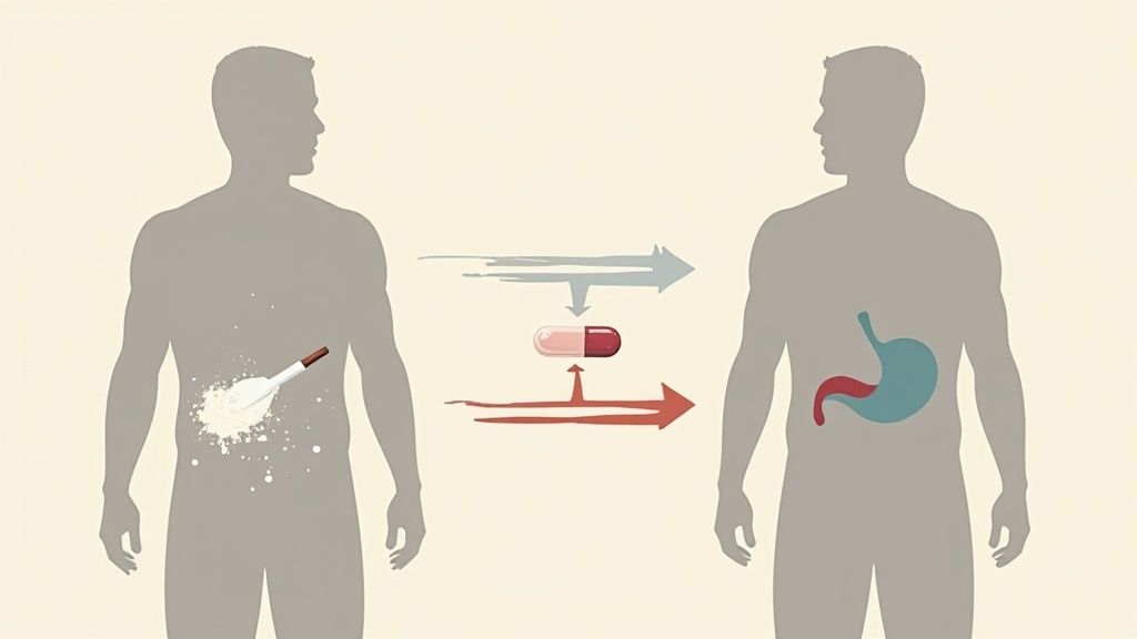 Diagram comparing powder and pill forms of substance intake, showing internal effects on the human body.