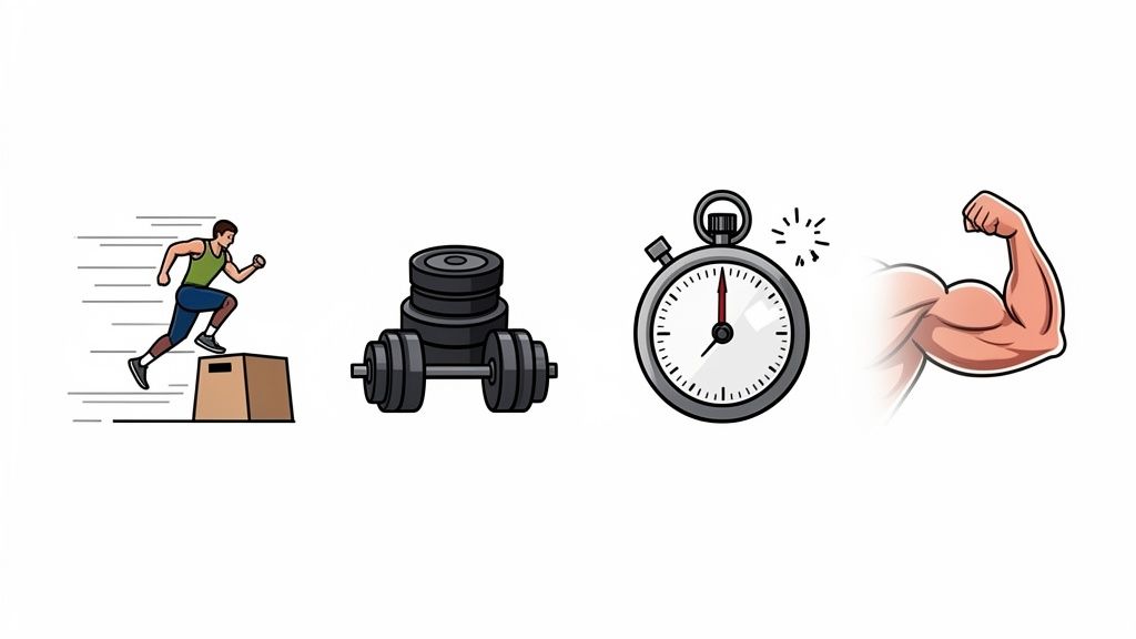 Four fitness icons: a person jumping, weights, a stopwatch, and a flexed bicep.