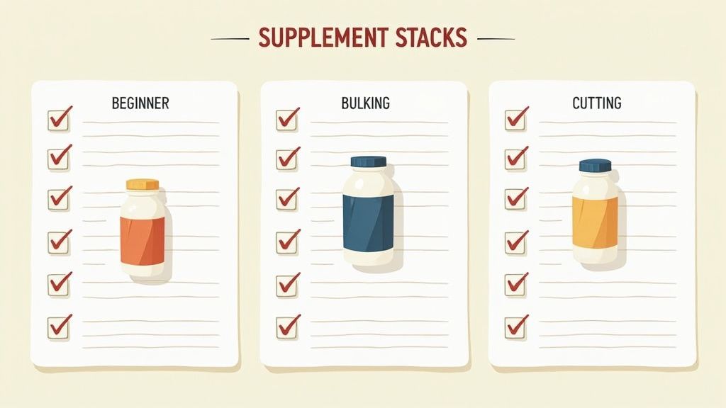 A collection of muscle building supplement containers arranged neatly.