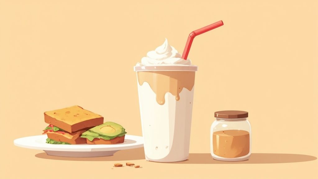 A pastel illustration featuring a breakfast spread with sandwiches, a milkshake, and a jar of spread.