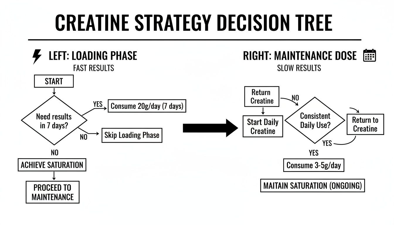 Flowchart detailing creatine strategy, including loading phase for fast results and maintenance dose for slow results.