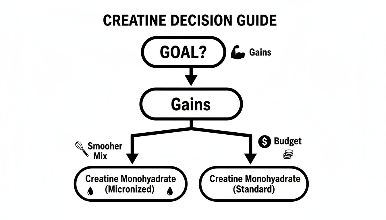 Creatine decision guide flowchart showing choices between micronized and standard monohydrate for muscle gains, based on mix or budget.