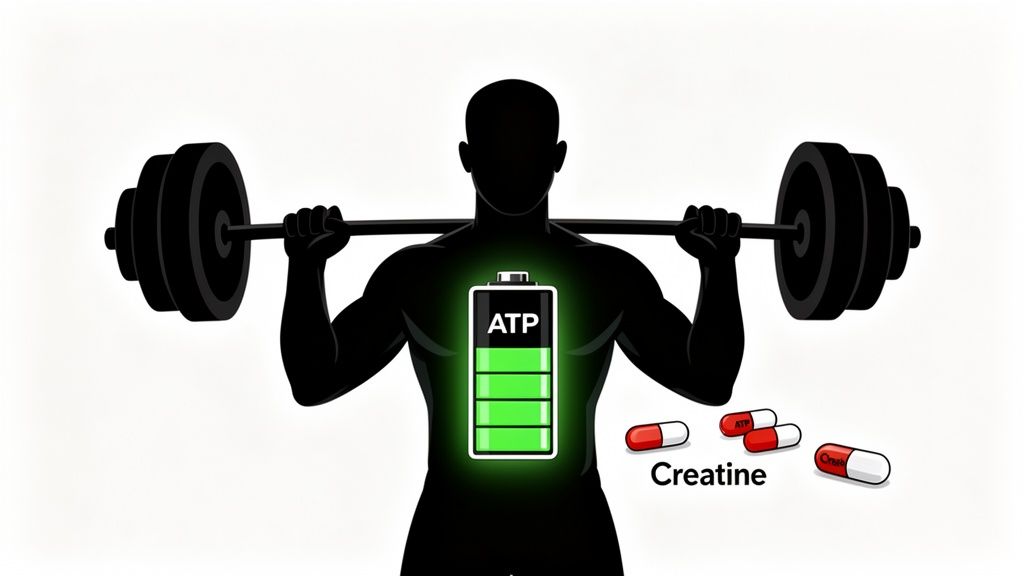 A silhouette of a person lifting a barbell, with an ATP energy battery inside and creatine supplement capsules.