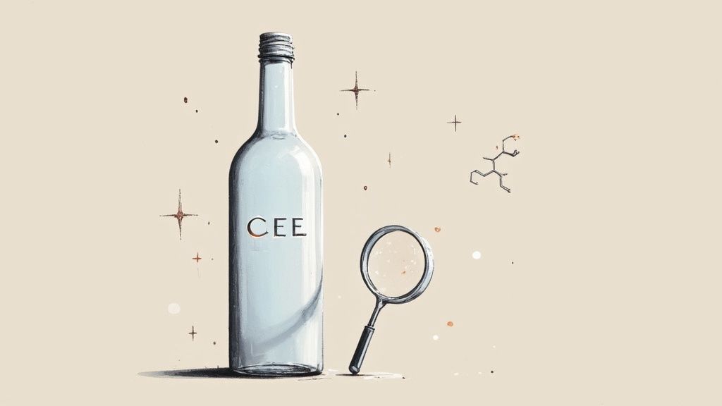 An illustration of a bottle labeled 'CEE' next to a magnifying glass and chemical structures.