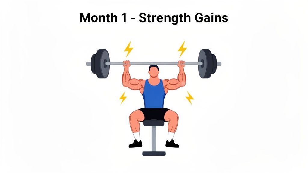 Muscular man performing an overhead press with a barbell, demonstrating strength gains in month one.