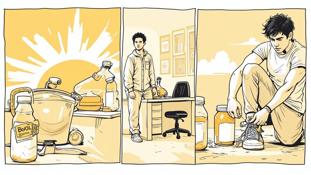 A person plans their creatine schedule in a notebook with a gym bag and water bottle nearby.