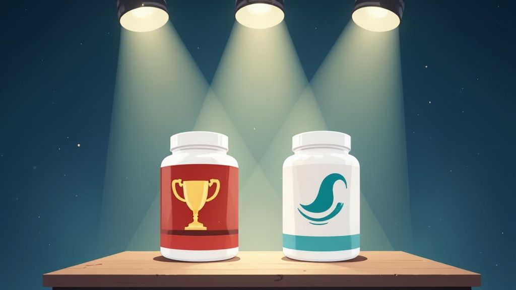 Two distinct supplement bottles, one red with a trophy and one white with a wave, highlighted on a stage.