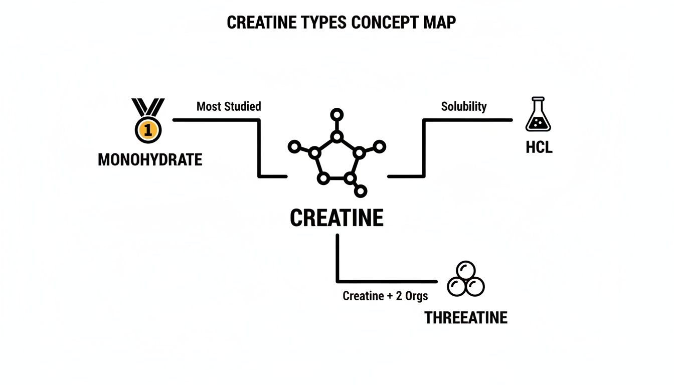 A concept map illustrating different types of creatine: Monohydrate, HCL, and Threeatine.