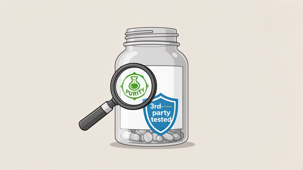 A supplement bottle with pills is inspected by a magnifying glass showing 'Purity' and '3rd-party tested' labels.