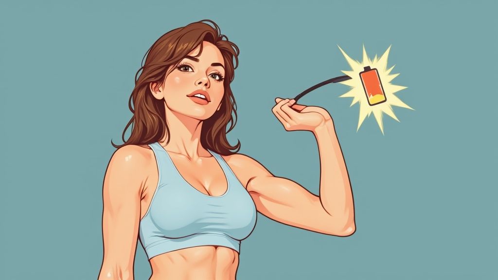 A woman with toned muscles holding a shaker bottle in a gym setting, looking strong and confident.