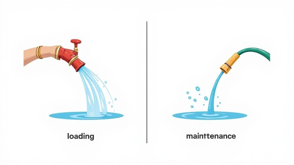 Illustration comparing a strong water flow from a faucet for 'loading' versus a weak flow from a hose for 'maintenance'.