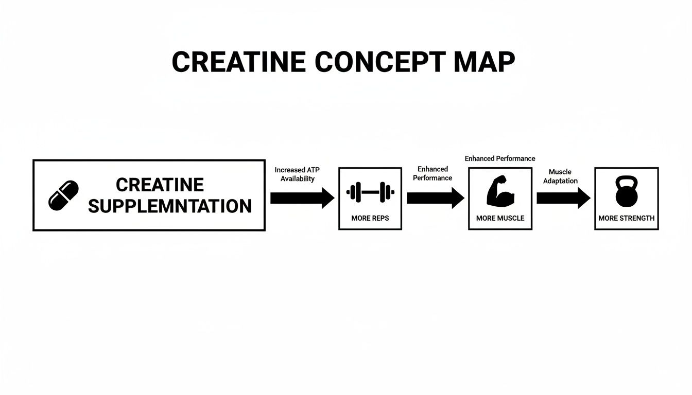 A concept map showing how creatine supplementation leads to increased ATP, more reps, muscle, and strength.