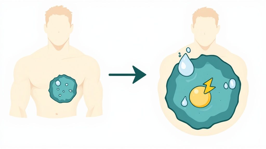Diagram: a man's torso shows a small blue mass evolving into a larger one with energy and water droplets.
