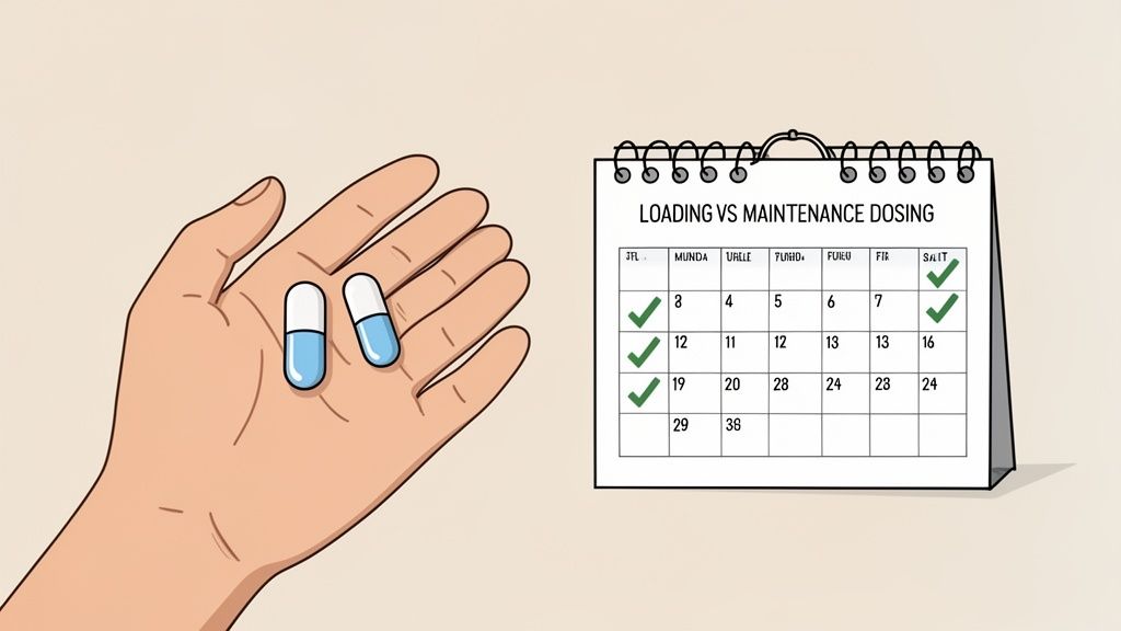A hand holds two blue and white pills next to a calendar showing a medication dosing schedule.