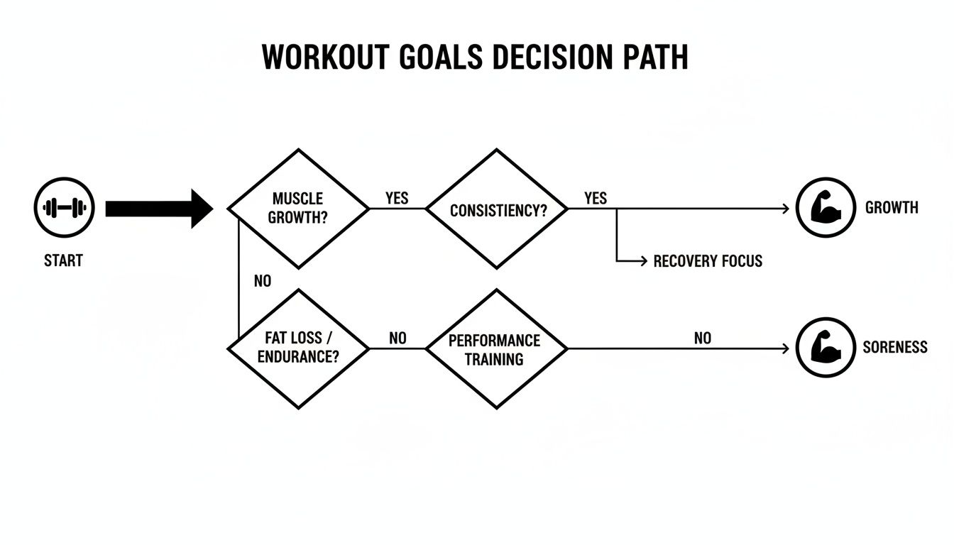 A flowchart illustrating workout goals decision path for muscle growth, fat loss, consistency, and performance.